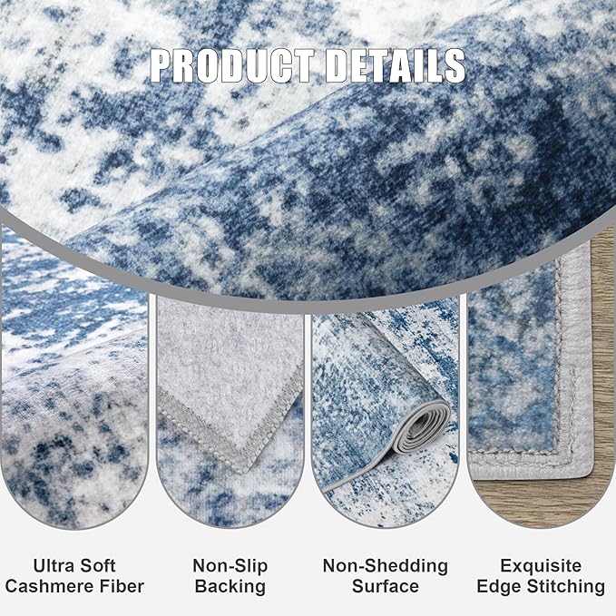4x4 Area Rug Living Room Rug: Washable Modern Abstract Soft Thin Rug Indoor Floor No Slip Stain Resistant Carpet for Bedroom Dining Room Farmhouse Nursery Home Office - Blue