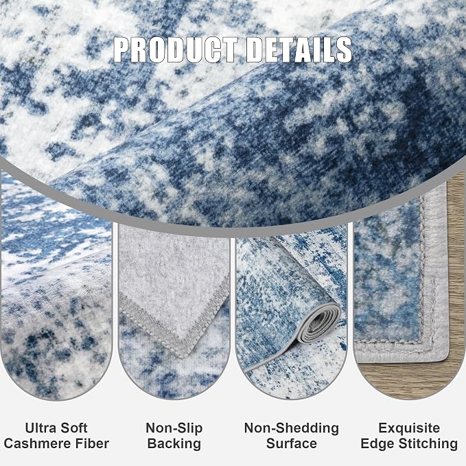 Washable Area Rug 2x3 Entryway Rug: Washable Modern Abstract Soft Thin Rug Indoor Floor No Slip Stain Resistant Carpet for Bedroom Dining Room Farmhouse Nursery Home Office - Blue