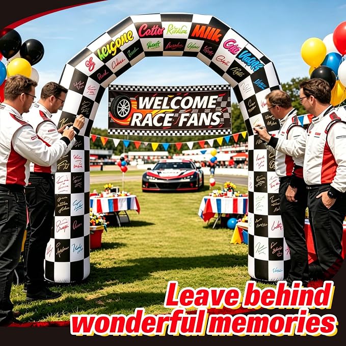 8FT Black and White Checkered Outdoor Race Car Inflatable Arch | Blow Up Racing Party Decoration with 3 Banners Built-in 3 LED Lights for Race Car Themed Birthday Party Lawn Yard Decor