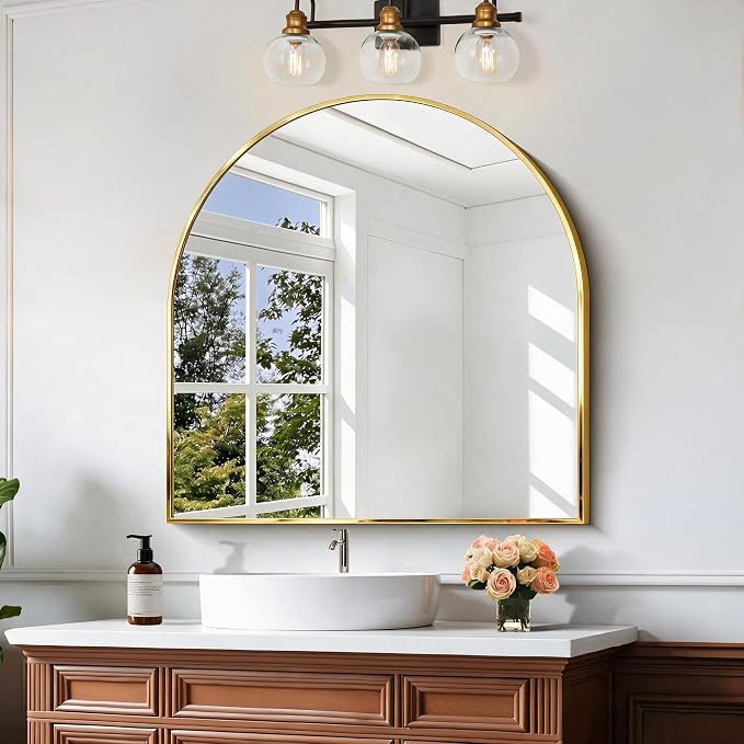 CIRCUMI Arched Wall Mirror, 36"x36" Gold Arched Mirror with Tempered Glass, Metal Frame, Large Size for Entryway Table, Mantel,Living Room,Over Sink,Arch Mirror for Decor,Shatterproof&Crystal-Clear