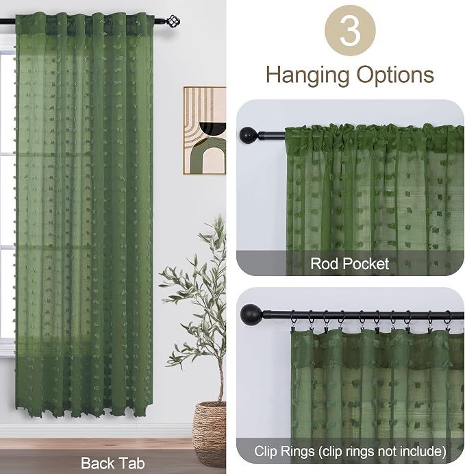 Olive Green Sheer Curtains 63 Inch Length for Bedroom Living Room Cute Pom Pom Patterned Modern Christmas Window Decor Country Rustic Farmhouse Boho See Through Sheer Curtain Back Tab 2 Panels 52x63