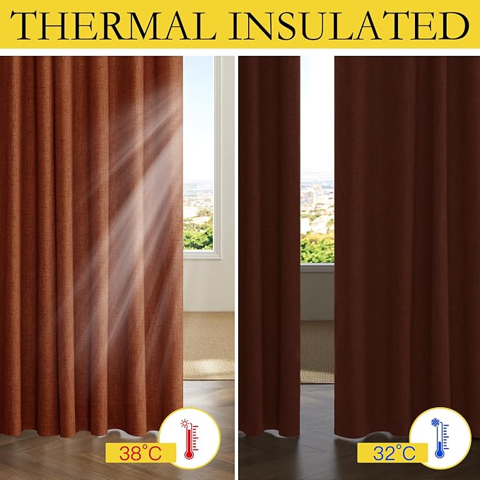 NICETOWN 100% Absolutely Blackout Linen Curtains with Thermal Insulated Liner, 42" Wide, 2 Panels, 90" Long Drapes, Grommet Retro Burnt Orange Linen Curtains Vertical Drapes Privacy for Bedroom