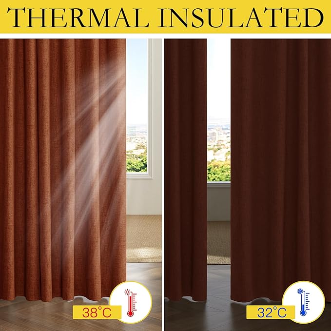 NICETOWN 100% Absolutely Blackout Linen Curtains with Thermal Insulated Liner, 52" Wide, 2 Panels, 108" Long Drapes, Grommet Retro Burnt Orange Linen Curtains Vertical Drapes Privacy for Bedroom
