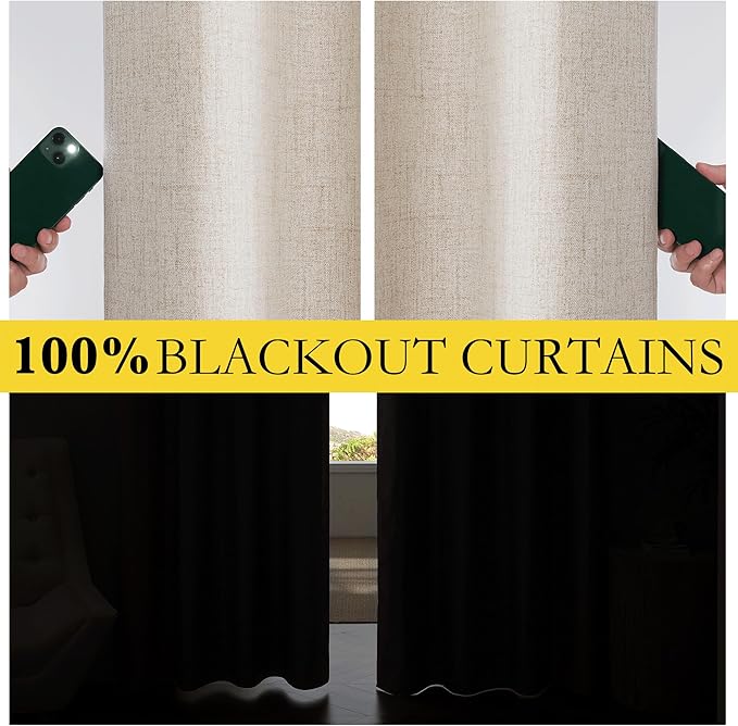 NICETOWN Oatmeal Vintage Open Linen Weave Flax Thermal Curtains, 100% Blackout Curtains 120" Long for Dining Room, Soundproof Window Treatment Drapes for Home Office, 62" Wide Per Panel, Set of 2