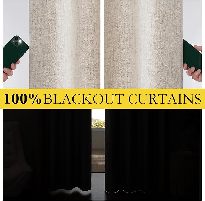 NICETOWN 100% Blackout Oatmeal Linen Curtains 95 inches Length for Dining Room, 2 Panels Set, 52" Wide, Farmhouse Style Room Cooling Window Draperies with Thermal Insulated Liners