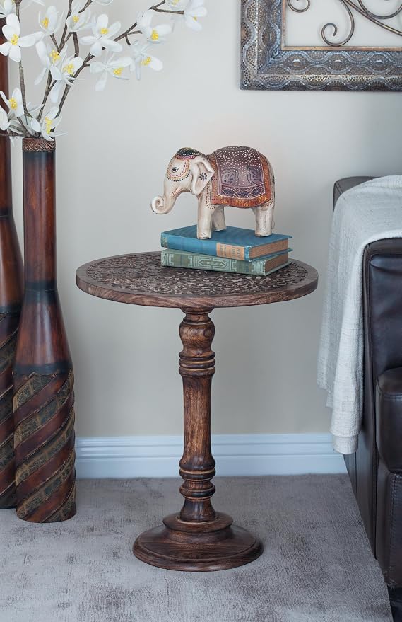 Deco 79 Mango Wood Floral Handmade Side End Accent Table Intricately Carved End Table with Turned Base, Side Table 17" x 17" x 21", Dark Brown