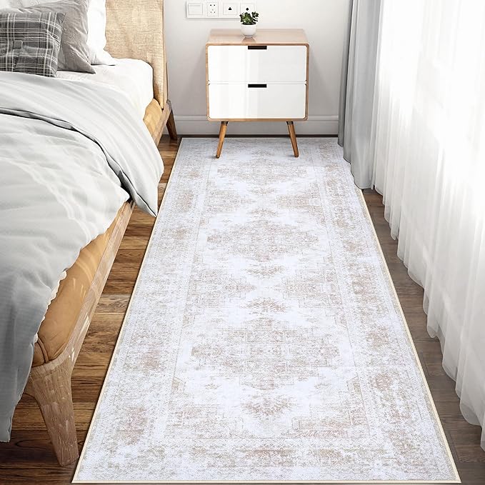 XLUEZ Runner Rug 2x6 Vintage Rugs, Machine Washable Kitchen Runner Retro Medallion Distressed Rug Non-Slip Soft Low Pile Hallway Rugs for Entryway Bedroom Bathroom Laundry(Beige,2'x6')