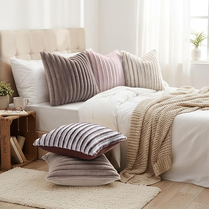 decorUhome Fall Cozy Faux Fur Throw Pillow Covers 26x26 Set of 2 Decorative Soft Plush Striped Modern Farmhouse Boho Couch Euro Sham Pillow Cases with Velvet Back for Sofa Bed Living Room, Tan