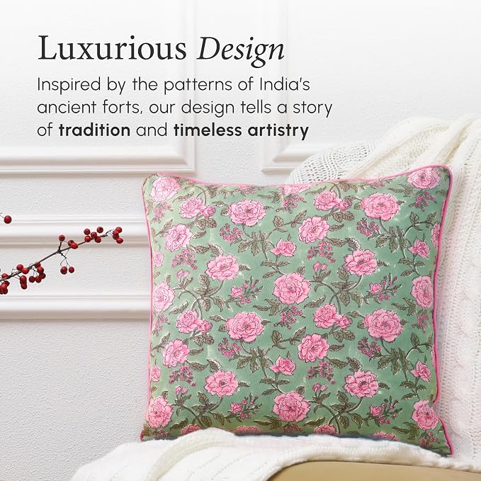 CPC 100% Cotton Throw Pillow Covers 18x18 Inch, Set of 2 Pink Block Print Pattern Couch Pillow, Cute Boho Decorative Pillows for Living Room, Bedroom with Hidden Zipper- Pink Tourmaline