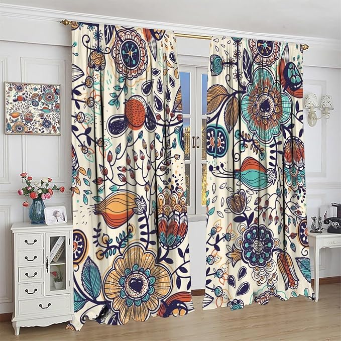 Floral-Print Curtains, Colorful Bohemian Floral and Vintage Botanical Patterns, Blackout Curtains for Bedrooms, Living Rooms, and Kitchens42X54 Inch