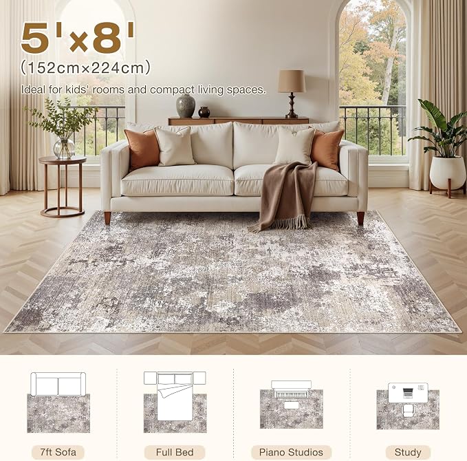 Area Rugs 5x8 Living Room: Washable Large Abstract Modern Neutral Soft Rug Stain Resistant Non-Slip Backing Carpet for Bedroom Dining Room Indoor Nursery Dorm Home Office Decor - Light Brown