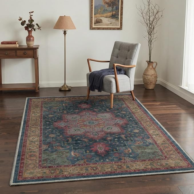 GENIMO 5x7 Area Rugs for Living Room, Machine Washable Rug, Non Slip Indoor Vintage Carpet, Low Pile Lightweight Print Carpet for Bedroom Dining Room Home Office,Teal Burgundy