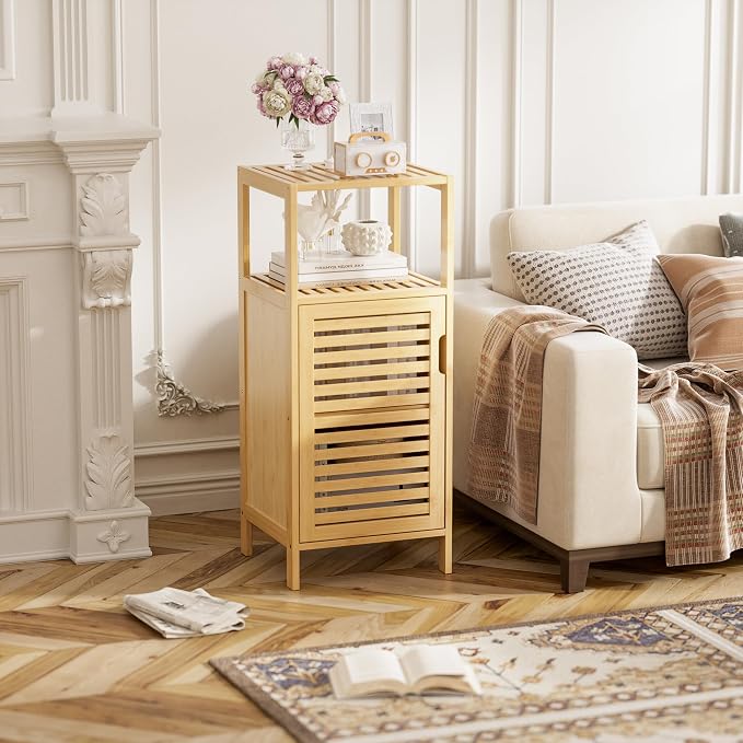 HITNET Bathroom Cabinet Freestanding, Small Bamboo Floor Cabinet, 4 Tier Single Door Sofa Side Table Storage Organizer, Space Saving Kitchen Cupboard, Natural