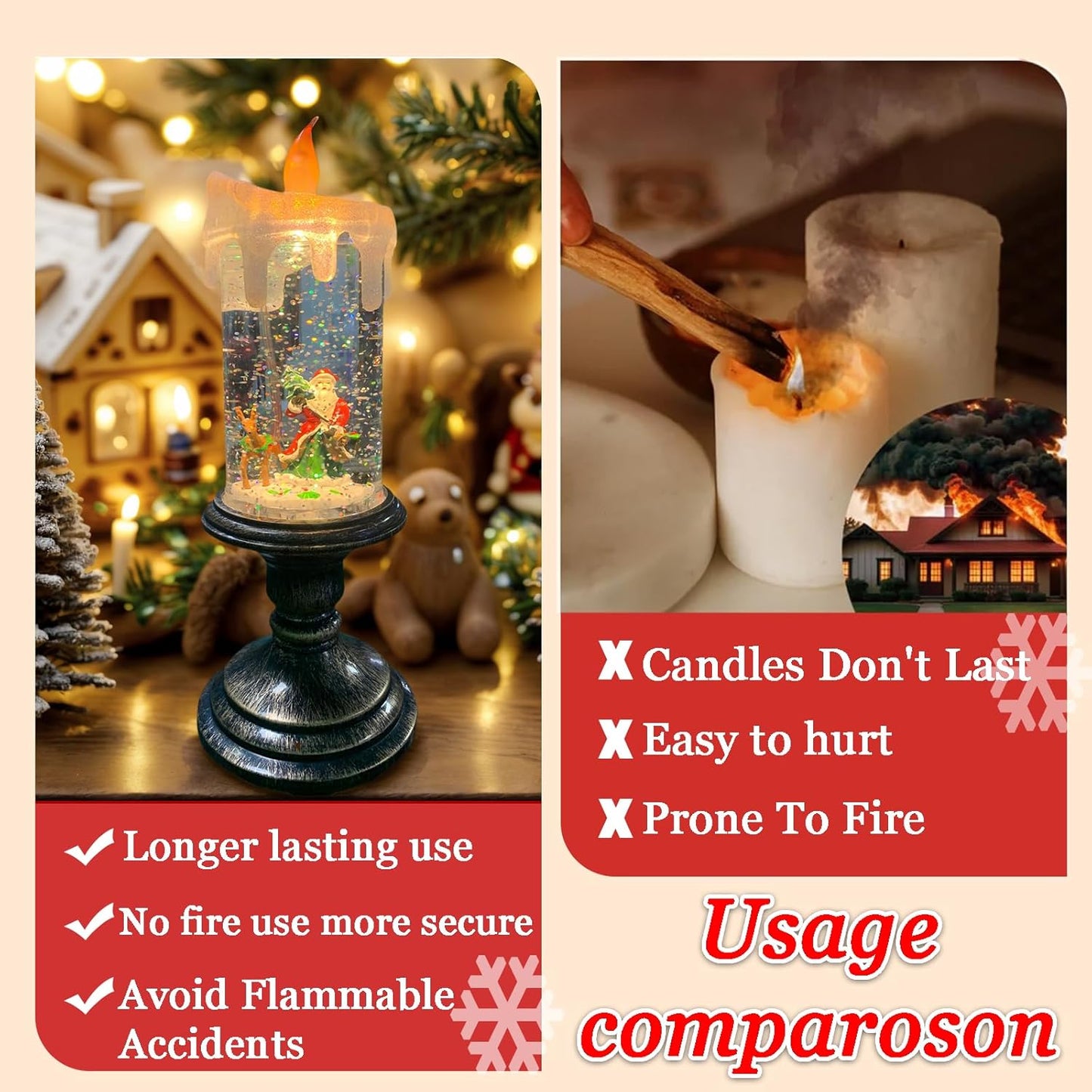 Flameless Snow Globe Candle Light Christmas Santa Decoration with Swirling Water & Glitter, Spinning LED Candles for Home, Tabletop, Holiday Decor