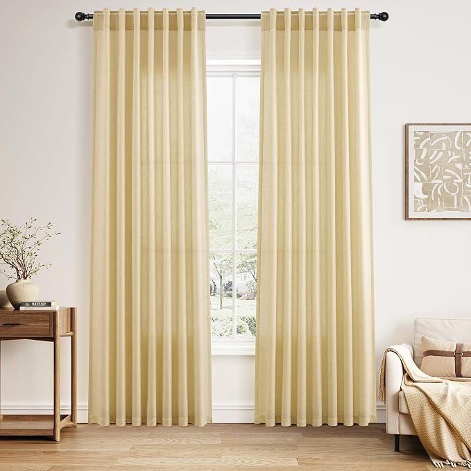 Nanspring Modern Farmhouse Curtains Linen for Living Room 84 Inches Long Cream Yellow Light Filtering Sheer Curtains Back Tab and Rod Pocket Privacy Curtain for Bedroom Office 52x84, 2 Panels