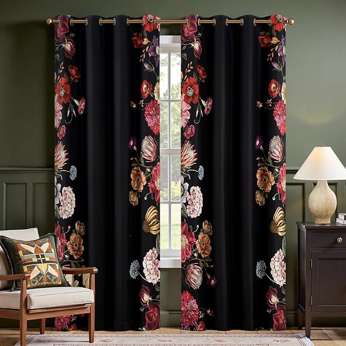 jinchan Hannah Floral Blackout Curtains with Retro Vintage Black Boho Flower Print Drapes for Bedroom Living Room Fall Decor Window Curtains Room Darkening 84 Inches Length 2 Panels Set with Grommet
