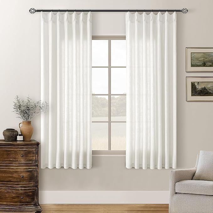 TWODRAPES Beige White Pinch Pleated Linen Curtains 63 Inch Length 2 Panels for Dining Room Kitchen Bedroom Semi Sheer Pleat Drapes with Hooks Rings Light Filtering Short Window Curtain Cabinet 40x63