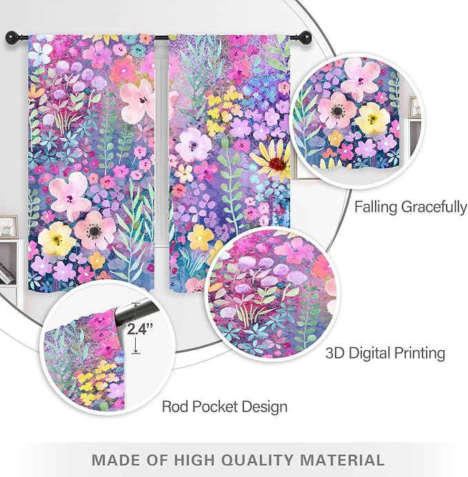 Riyidecor Purple Floral Curtains Rustic Boho Cute Wildflower Watercolor Plant Leaves Botanical Flower Spring Nature Rod Pocket Modern Bedroom Living Room Treatment Fabric 2 Panels 42Wx63H Inch