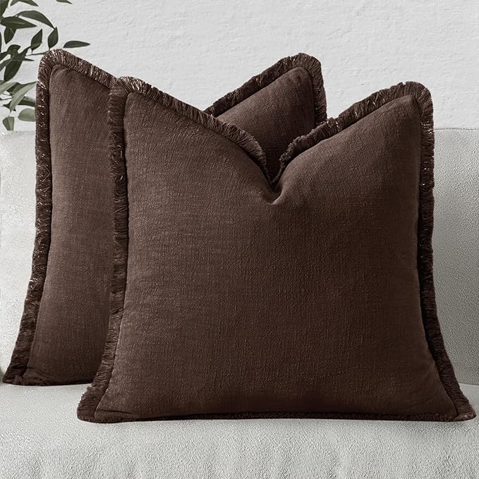 MIULEE Decorative Throw Pillow Covers Neutral Linen Fringe Throw Pillows Set of 2 Dark Brown Boho Farmhouse Cushion Covers with Tassels for Couch Sofa Bed Living Room Fall Decor 18x18 Inch