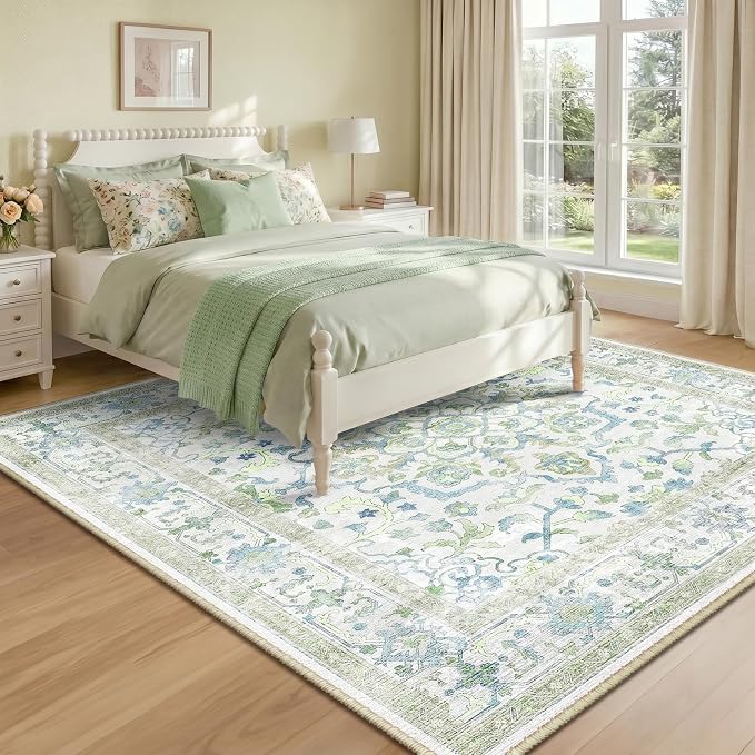 CAPALOCA Machine Washable Rugs Nursery Rug Sq6ft Cute Girl Non Slip Low Pile Water Repellent Soft Print Pattern for Bedroom Indoor Decor Kids Playroom Green Blue