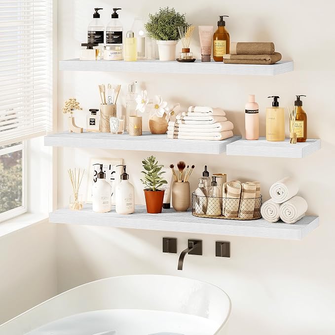 Vivelove White Floating Shelves, 16 Inch Wall Display Shelves for Bathroom Living Room Kitchen Bedroom Office Farmhouse Home Decor, 16" X 9.3" X 1.5" - Set of 2, White