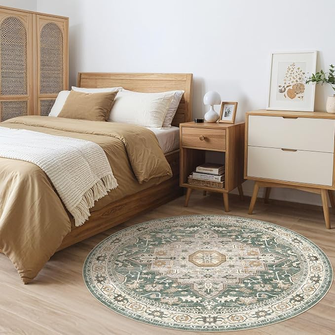 Round Rug Living Room Rugs: 5x5 Washable Boho Neutral Large Circle Soft Indoor Distressed Stain Resistant Floor Farmhouse Carpet for Bedroom Nursery Kids Playroom Office Dining Room Dorm- Green