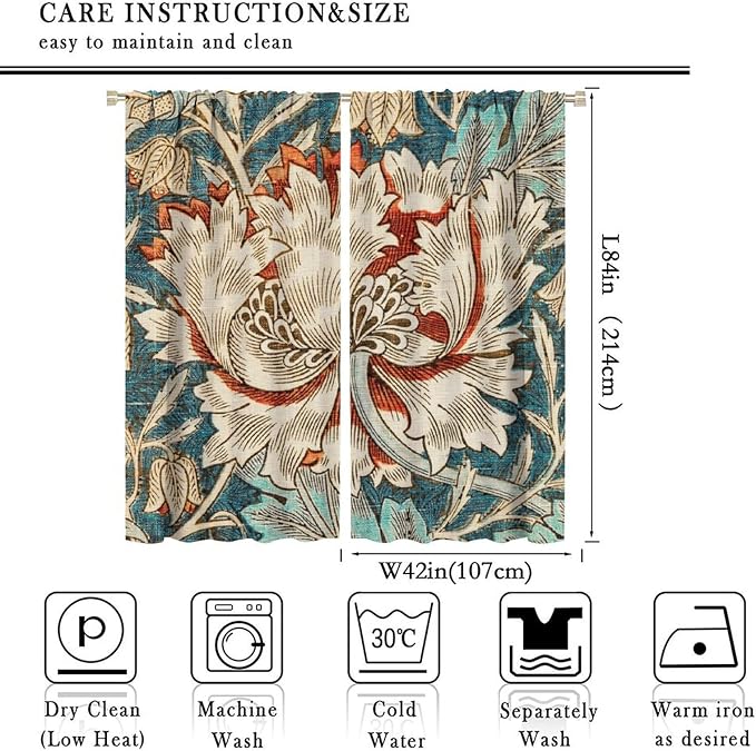 William Morris Plant Floral Blackout Window Curtains, Bohemian Vintage Rustic Flowers William Morris Art Style Window Drapes, for Bedroom Living Room 42(W)*84(L) 2 Panels