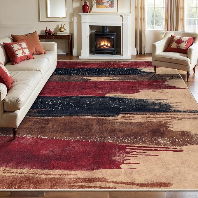 Ciicool Modern Abstract Red Black Rug for Living Room, 6'x9' Machine Washable Area Rug Non-Slip Rug, Low-Pile Contemporary Indoor Dining Floor Carpet for Bedroom Office Under Table Home Decor