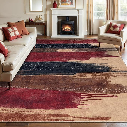 Ciicool Modern Abstract Red Black Rug for Living Room, 6'x9' Machine Washable Area Rug Non-Slip Rug, Low-Pile Contemporary Indoor Dining Floor Carpet for Bedroom Office Under Table Home Decor