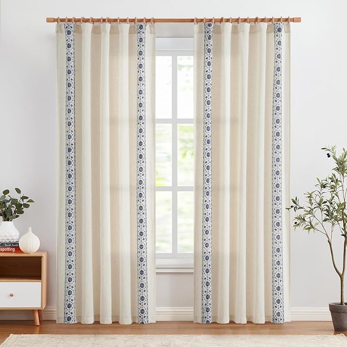 jinchan Weslie Boho Curtains for Bedroom Blue Vintage Floral Farmhouse Curtains 90 Inches Long Linen Drapes for Living Room Embroidered Light Filtering Drapes Rod Pocket Blue on Beige 2 Panels