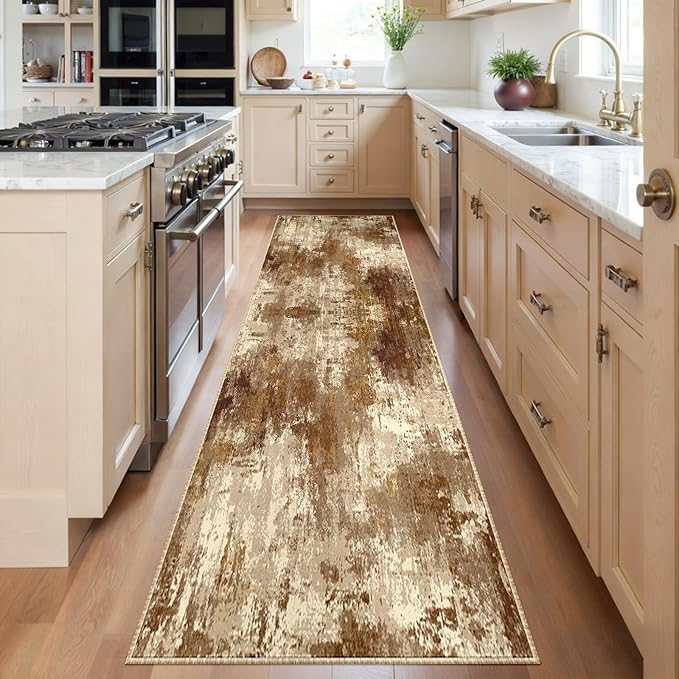 RELEANY Washable Area Rugs 2'x6' Non-Slip Modern Abstract Soft for Living Room Entryway Bedroom Kitchen, Print Pattern, Brown Tan Beige Coffee