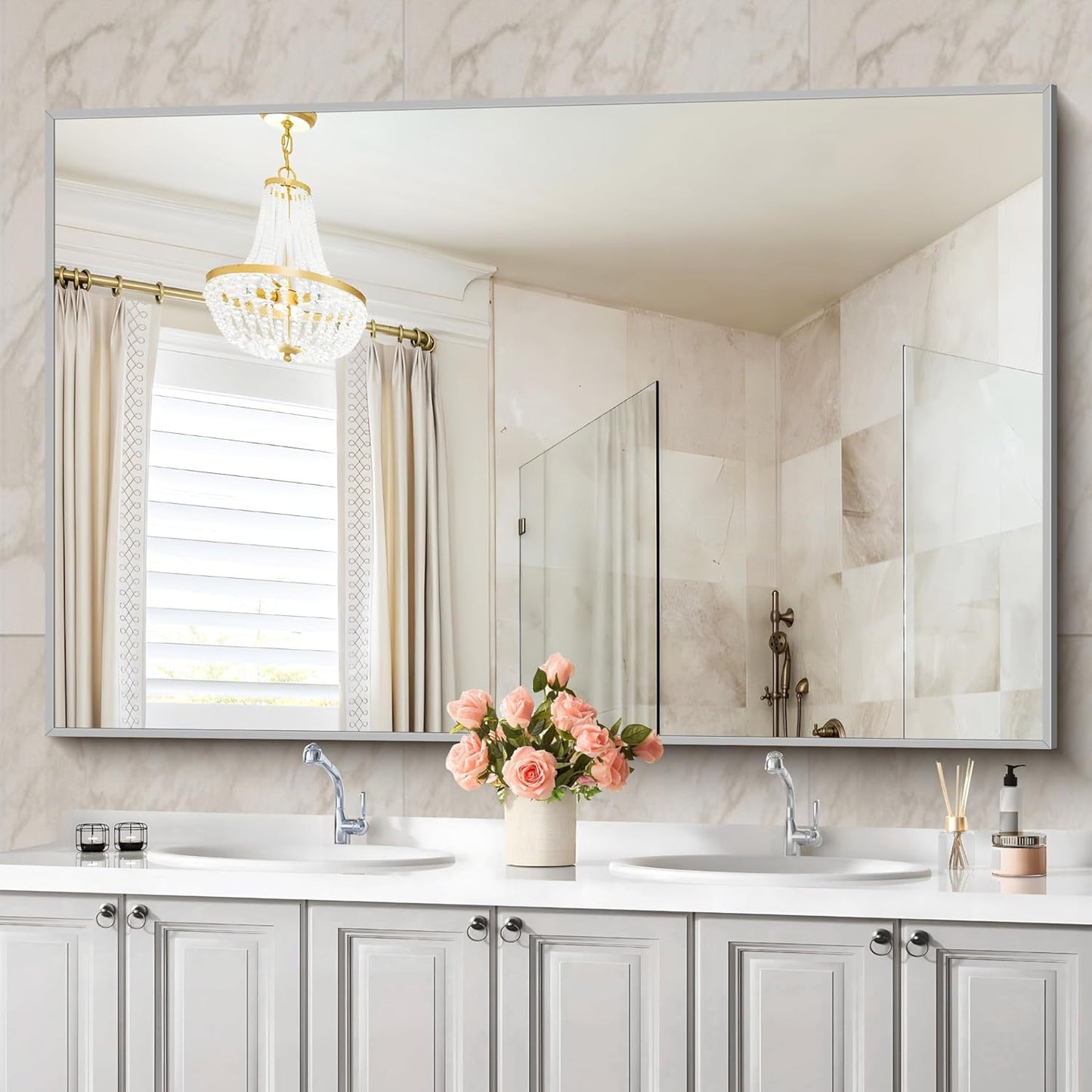 36x55inch Bathroom Mirror, Silver Rectangle Mirror with Thin Metal Frame, Large Rectangular Wall Mirrors for Bathroom, Living Room, Hair Salon, Big Mirror Hang Horizontal/Vertical