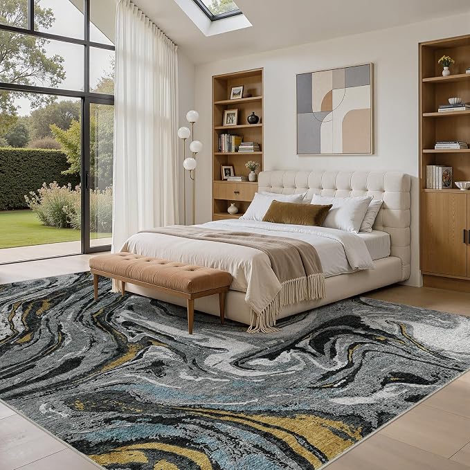 DMOYEST 9x12 Area Rug for Living Room - Washable Neutral Modern Abstract Rugs Soft Non-Slip Carpet Low Pile Indoor Floor Mat for Bedroom & Dining Room Decor for Families with Kids and Pet-Black Golden