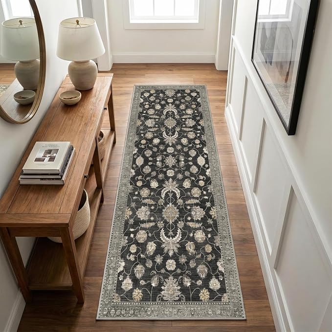 2x6 Runner Rug for Entryway Hallway-Vintage Farmhouse Boho Floral Neutral Washable Stain Resistant Indoor Rugs for Home Decor(Black&Gold)
