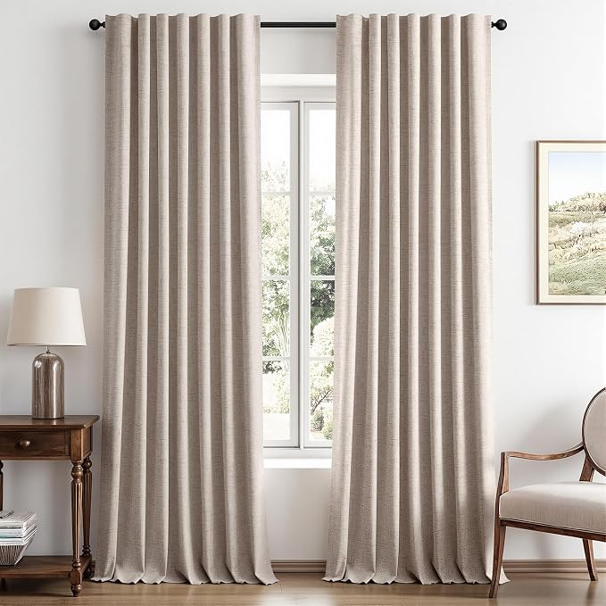MIULEE 100% Blackout Linen Curtains for Bedroom, Khaki Solid Luxury Decor Thermal Insulation Room Darkening Drapes for Living Room Back Tab Rod Pocket 42 x 96 Inches, 2 Panels