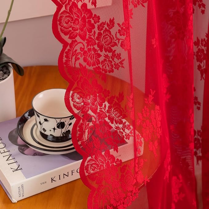 Kotile Red Sheer Curtains 63 Inch Length, W52 x L63 Inch, 2 Panels, Country Rustic Floral Vintage Red Lace Curtains for Bedroom, Rod Pocket Privacy Light Filtering Cottagecore Sheer Window Curtain