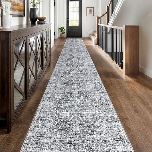 KUTA Extra Long Runner Rug for Hallway 2.6x20ft, Grey Blue White Vintage Washable Kitchen Runners, Non-Slip Stair Rugs Ultra Soft Printed Modern Floral Distressed Carpet for Bedroom Living Room