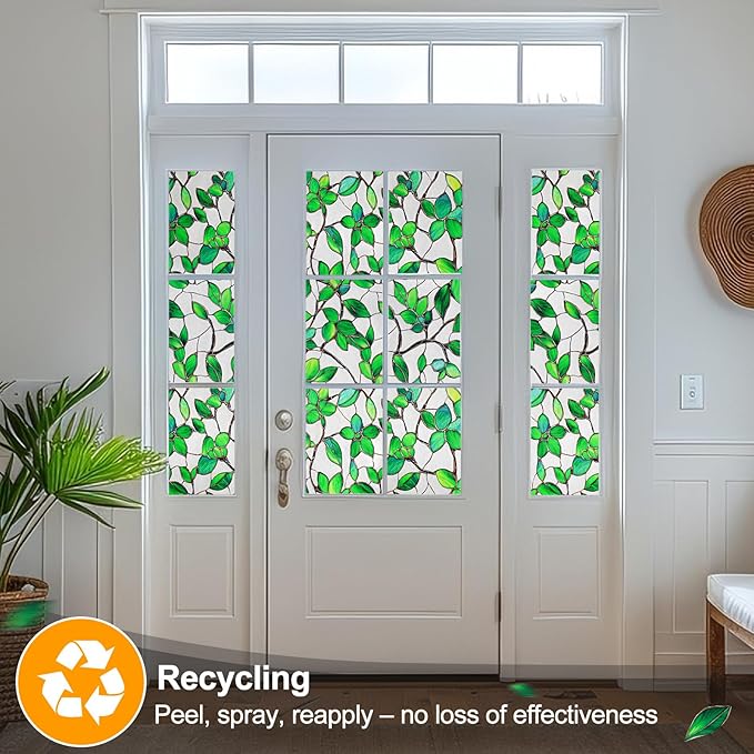 Countewol Greenery Leaf Static Cling Window Film Frosted Stained Glass Privacy Anti-Glare UV Protection for Home & Bathroom (Textured Greenery Leaf, 45.2 x 78.7 in)