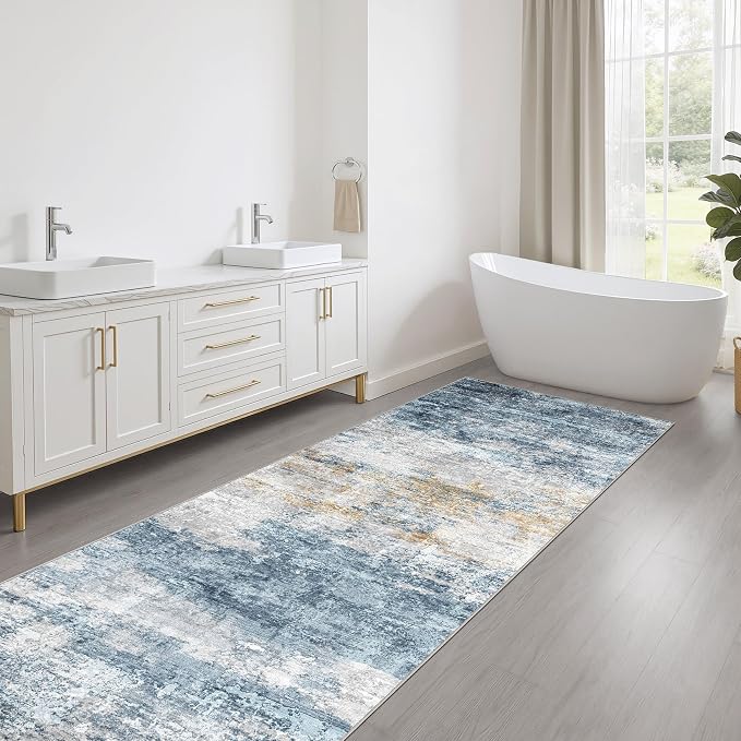 Runner Rug Non-Slip Kitchen Rug: 3x8 Washable Abstract Modern Soft Stain Resistant Indoor Floor Neutral Accent Throw Carpet for Hallway Bathroom Laundry Room Bedroom Entryway- Blue Gold