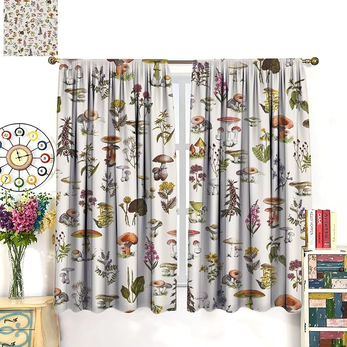 Vintage Botanical Curtains, Rustic Plants Herbs Mushroom Nature Wildflower Print Blackout Window Treatments for Living Room Bedroom Kitchen 55x63in