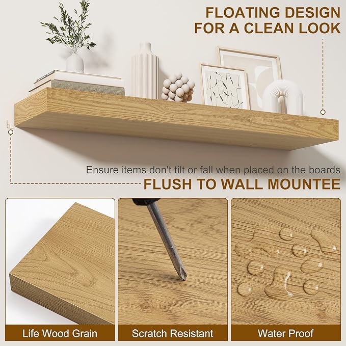 Fun Memories Floating Shelves for Wall, 40Inch Floating Shelves Set of 2, Hanging Shelf with Invisible Brackets, Wood Shelves for Living Room, Bedroom, Kitchen, Oak