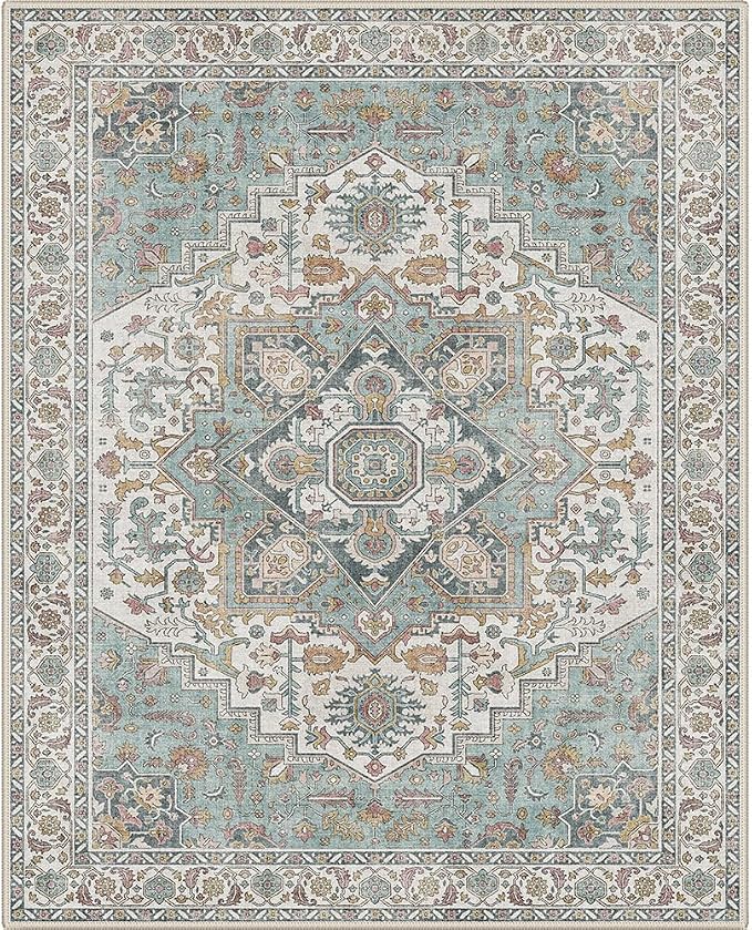 GENIMO 8x10 Area Rugs for Living Room, Machine Washable Non Slip Rugs, Low Pile Lightweight Print Rug for Bedroom, Dining Room, Home Office, Vintage White/Teal