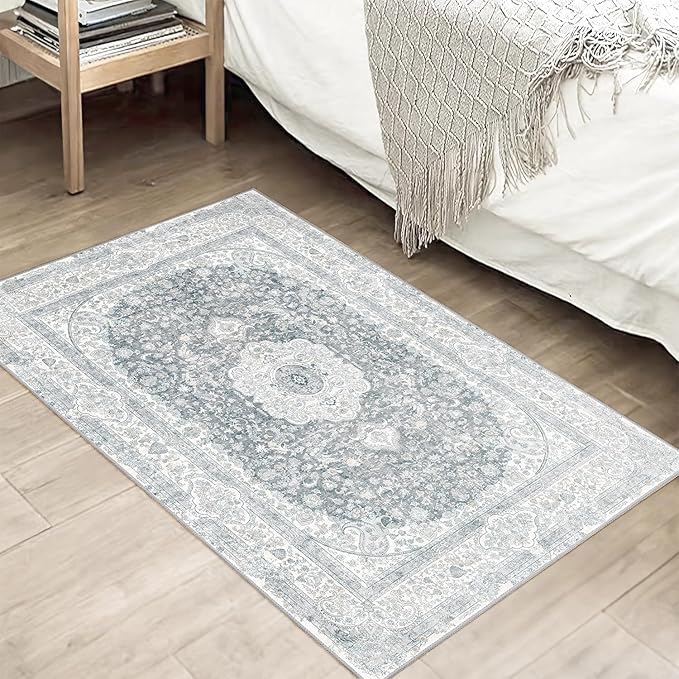 Small Rugs 2x3,Grey Rug for Entryway Bathroom Bedroom Kitchen Entrance Doormat,Boho Vintage Bohemian Distressed Washable Accent Floor Throw Carpet Non Slip,Floral