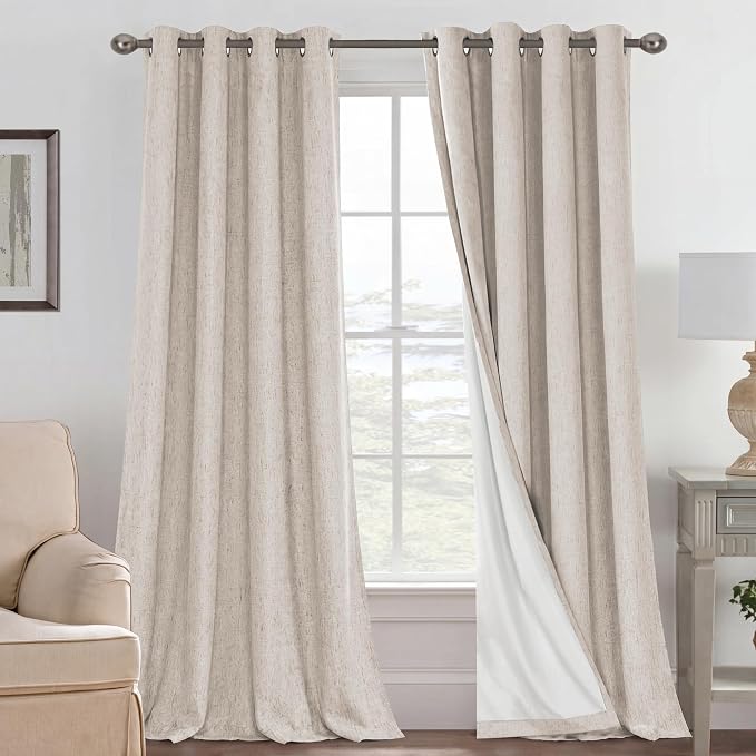 H.VERSAILTEX Blackout Curtains Linen Curtains 120 inches Long 100% Black Out Curtains for Bedroom Windows, Textured Linen Look Draperies Grommet with White Liner, 2 Panels, Natural