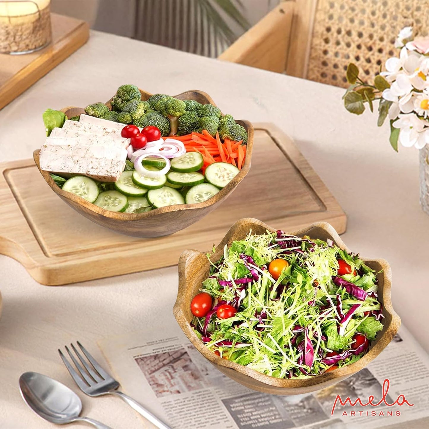 Mela Artisans Wooden Scalloped Bowl - Set of 2, Large & Medium |Mango Wood Natural Grain Finish | 12x4x12” and 10x4x10” | Fits Bread, Fruits, Salad or Popcorn