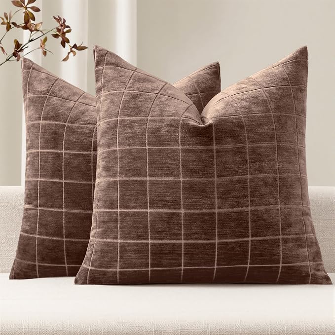 MIULEE Reddish Brown Plaid Fall Decor Throw Pillow Covers 20x20 Set of 2 | Vintage Check Chenille Couch Pillows Boho Farmhouse Cushion Covers Modern Fall Home Decor for Sofa Bed Living Room