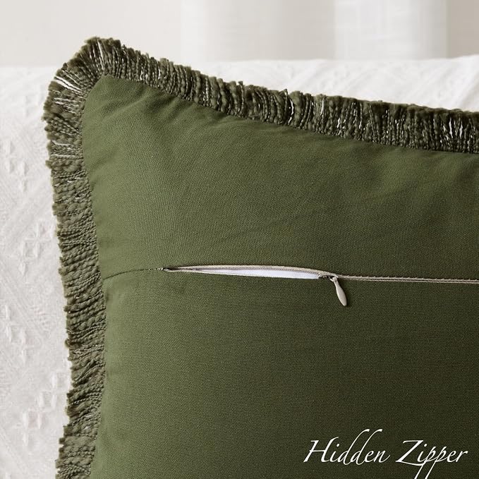 Kevin Textile 14x24 Inch Lumbar Pillow Cover 1 Pack Boho Fringe Decorative Rectangle Cushion Case with Tassels Neutral Cotton Woven Textured Farmhouse for Living Room Couch Sofa Bed, Olive Green