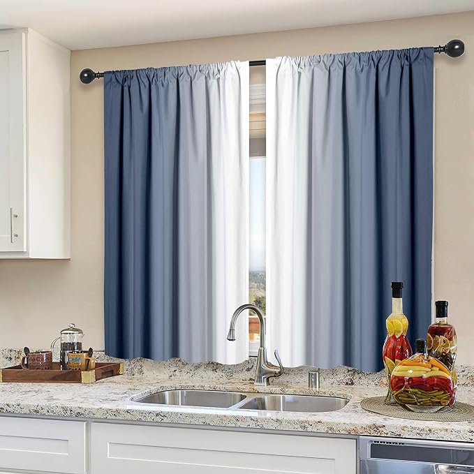 Blue and White Kitchen Curtains 2 Panels for Dining Room Blue Ombre Curtain 39 inch Length Semi Sheer Rod Pocket Window Treatment Panel for Living Room,27.5"x39"