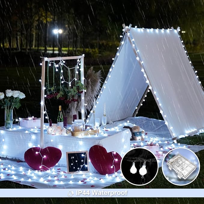 JMEXSUSS 33FT 100 LED Globe White String Lights Battery Operated | Fairy Lights Indoor Outdoor Waterproof Battery Powered String Lights with Remote for Wedding Bedroom Classroom Camping Decor