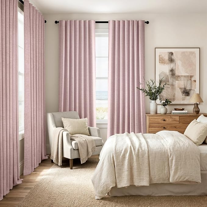 MIULEE 100% Blackout Linen Curtains for Bedroom, Pink Solid Luxury Decor Thermal Insulation Room Darkening Drapes for Living Room Back Tab Rod Pocket 42 x 63 Inches, 2 Panels
